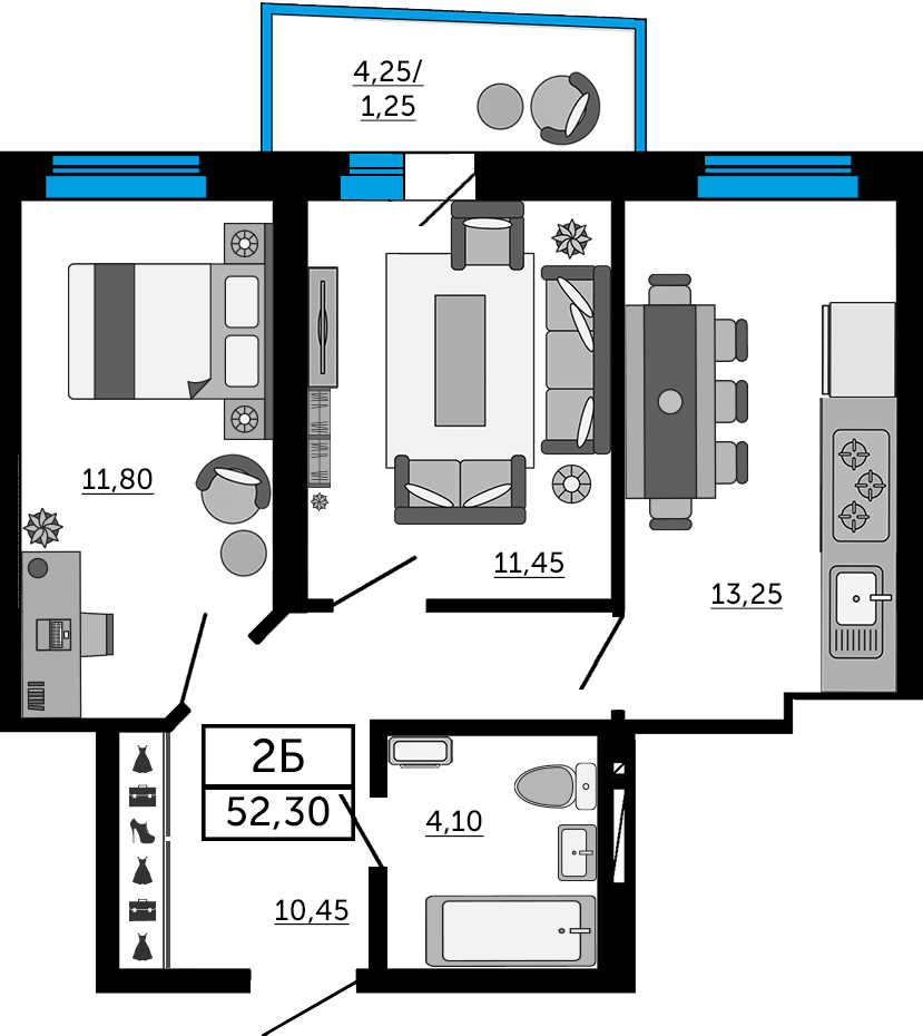 Планировка 2-комнатная 52,3 м²