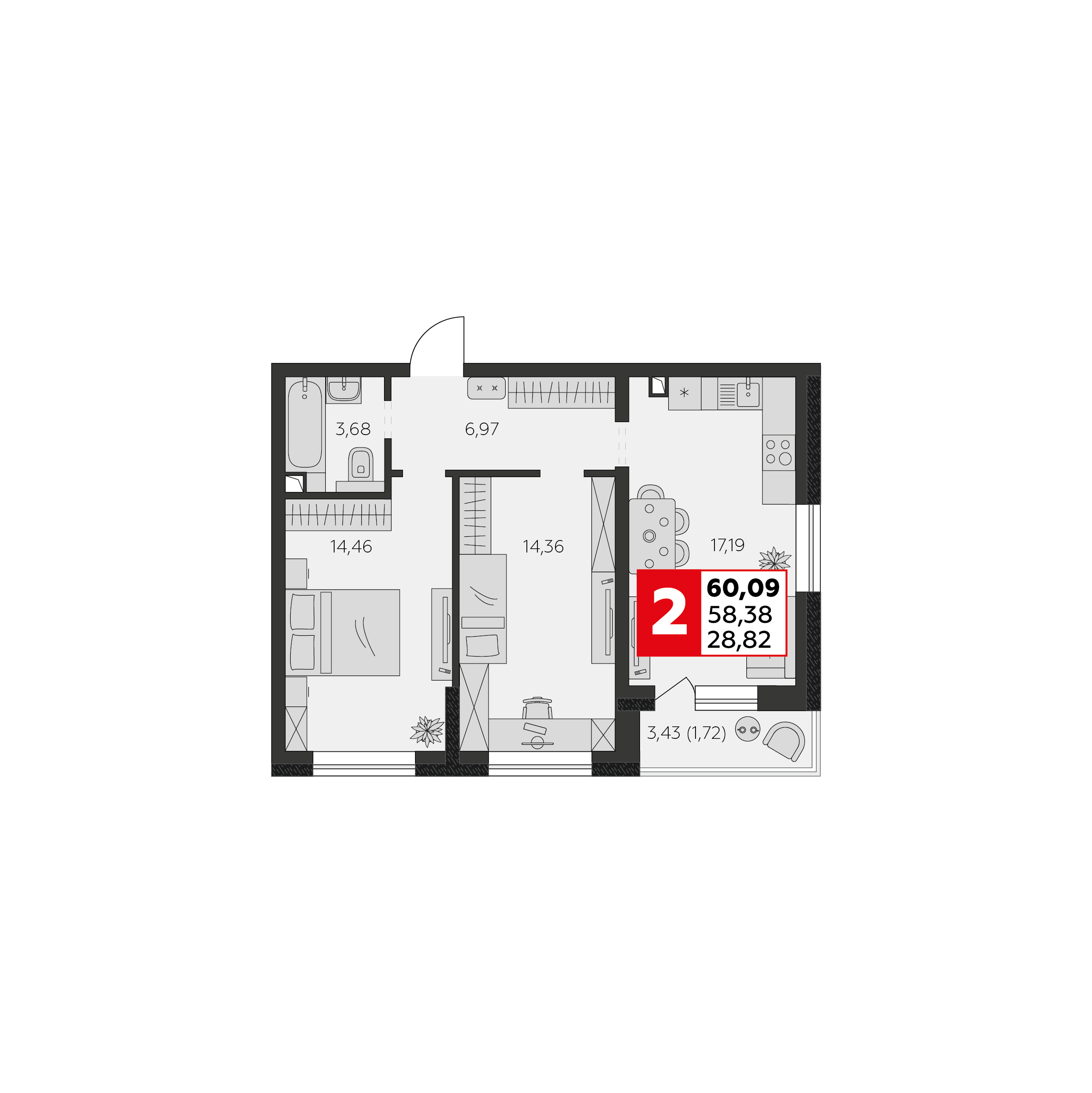 Планировка 3-комнатная 58,38 м²