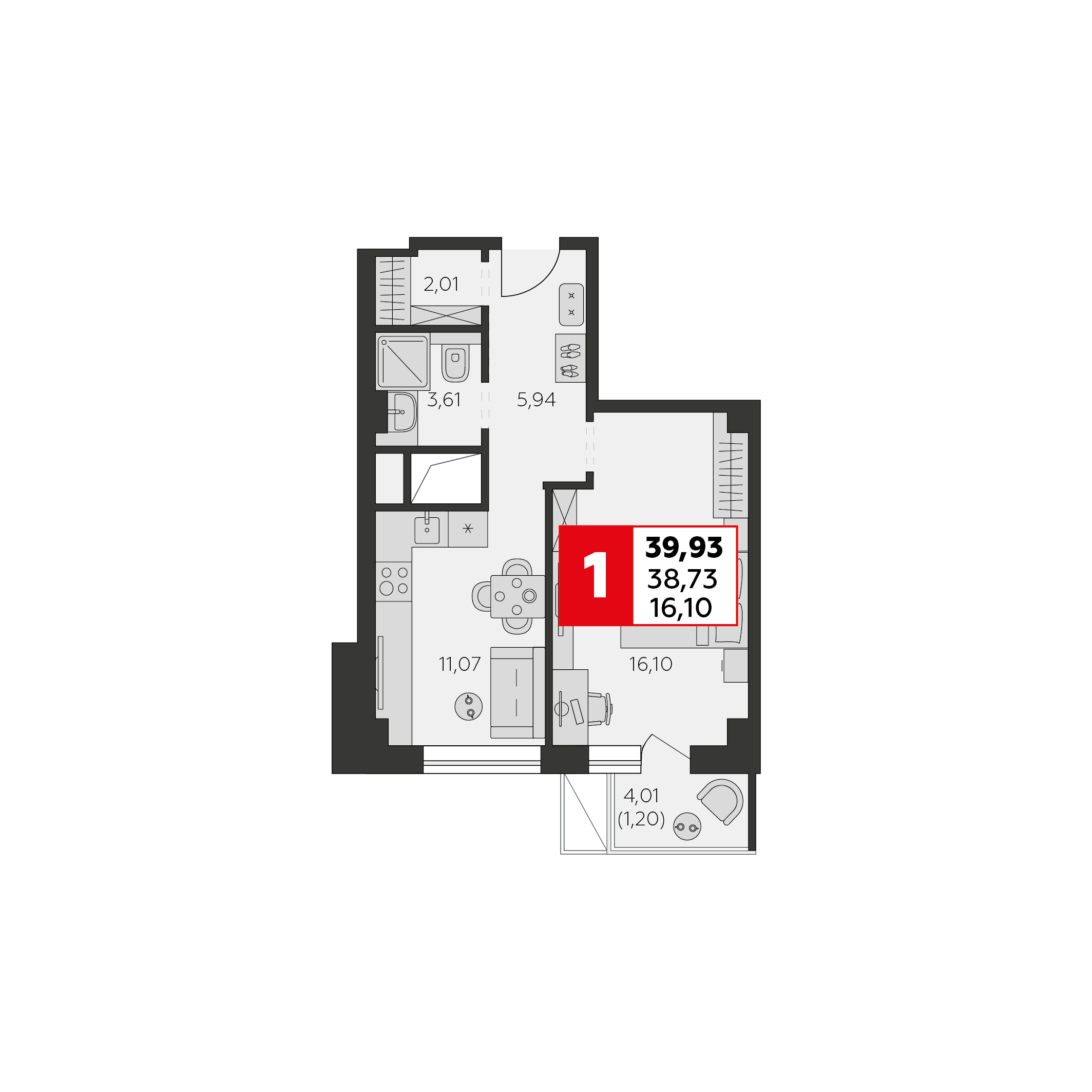 Планировка 1-комнатная 39,93 м²