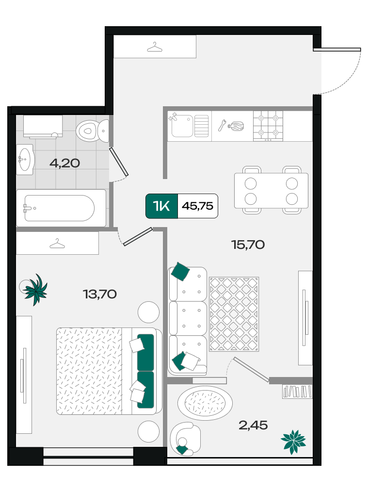 Планировка: 1-комн. квартира 45,8 м²