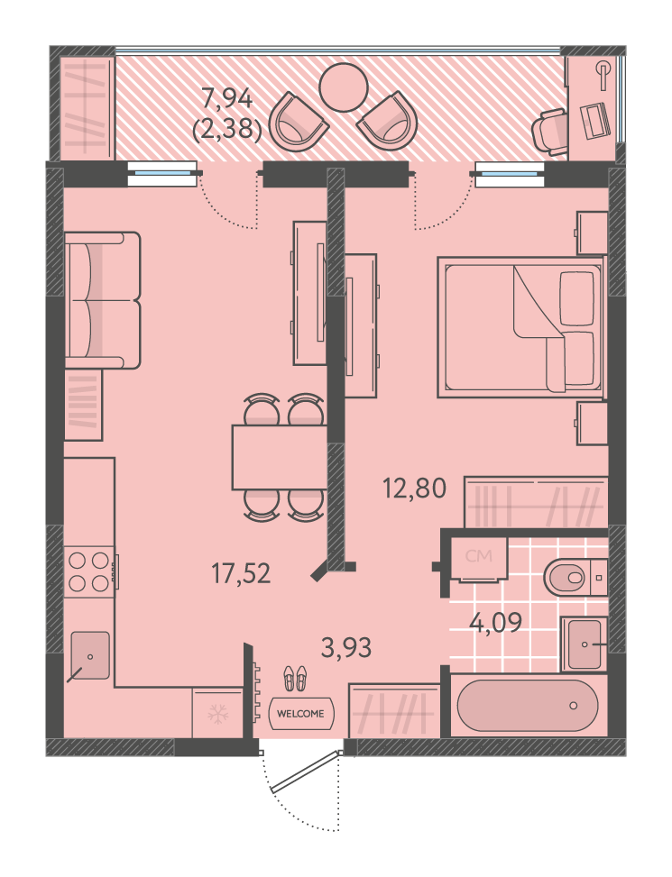 Планировка 1-комнатная 40,53 м²