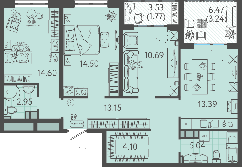Планировка 3-комнатная 83,43 м²