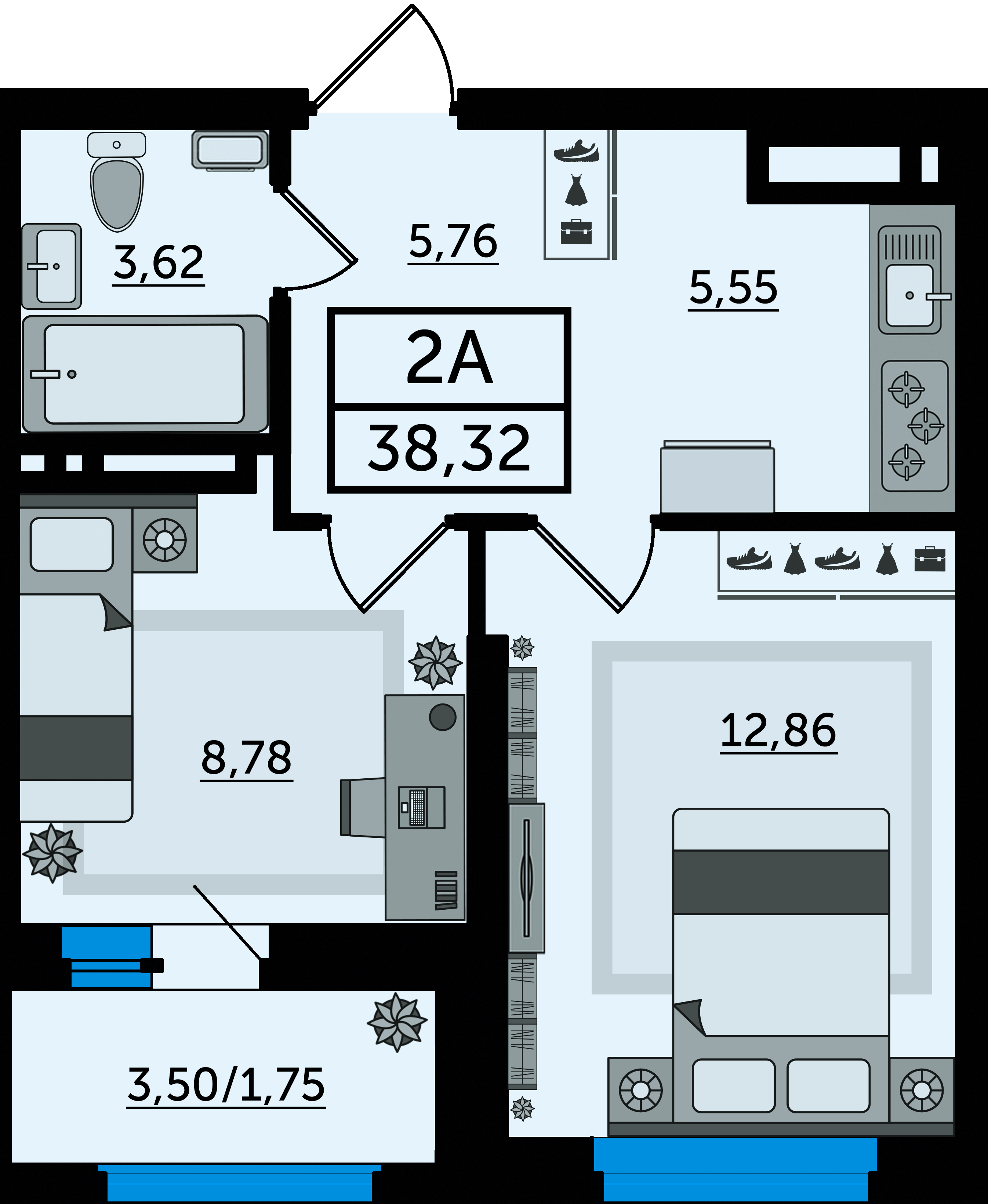 Планировка 2-комнатная 38,32 м²