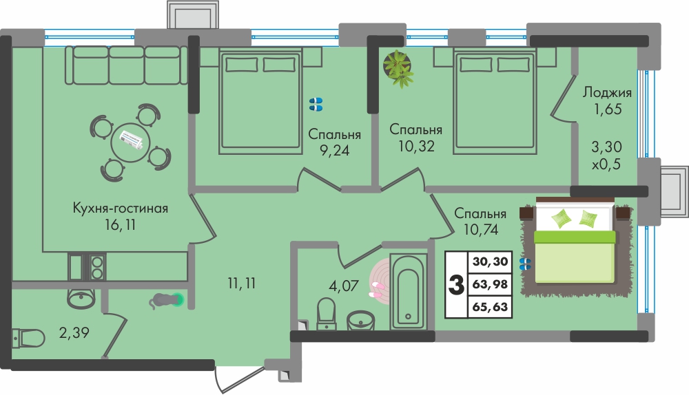 Планировка: 3-комн. квартира 65,7 м²