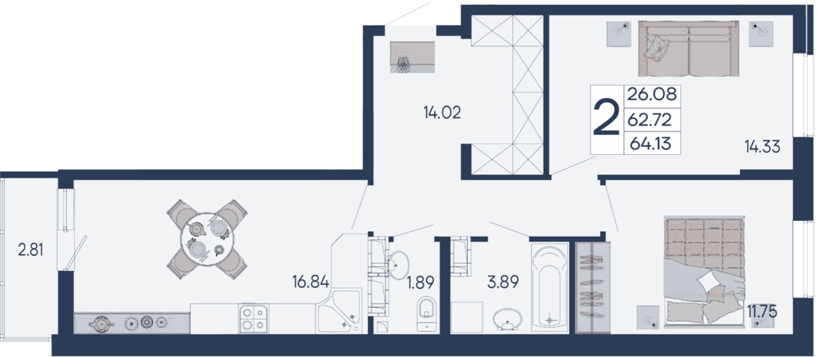 Планировка 2-комнатная 64,13 м²