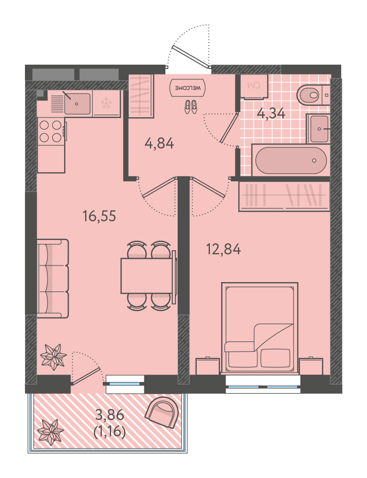 Планировка: 1-комн. квартира 39,1 м²