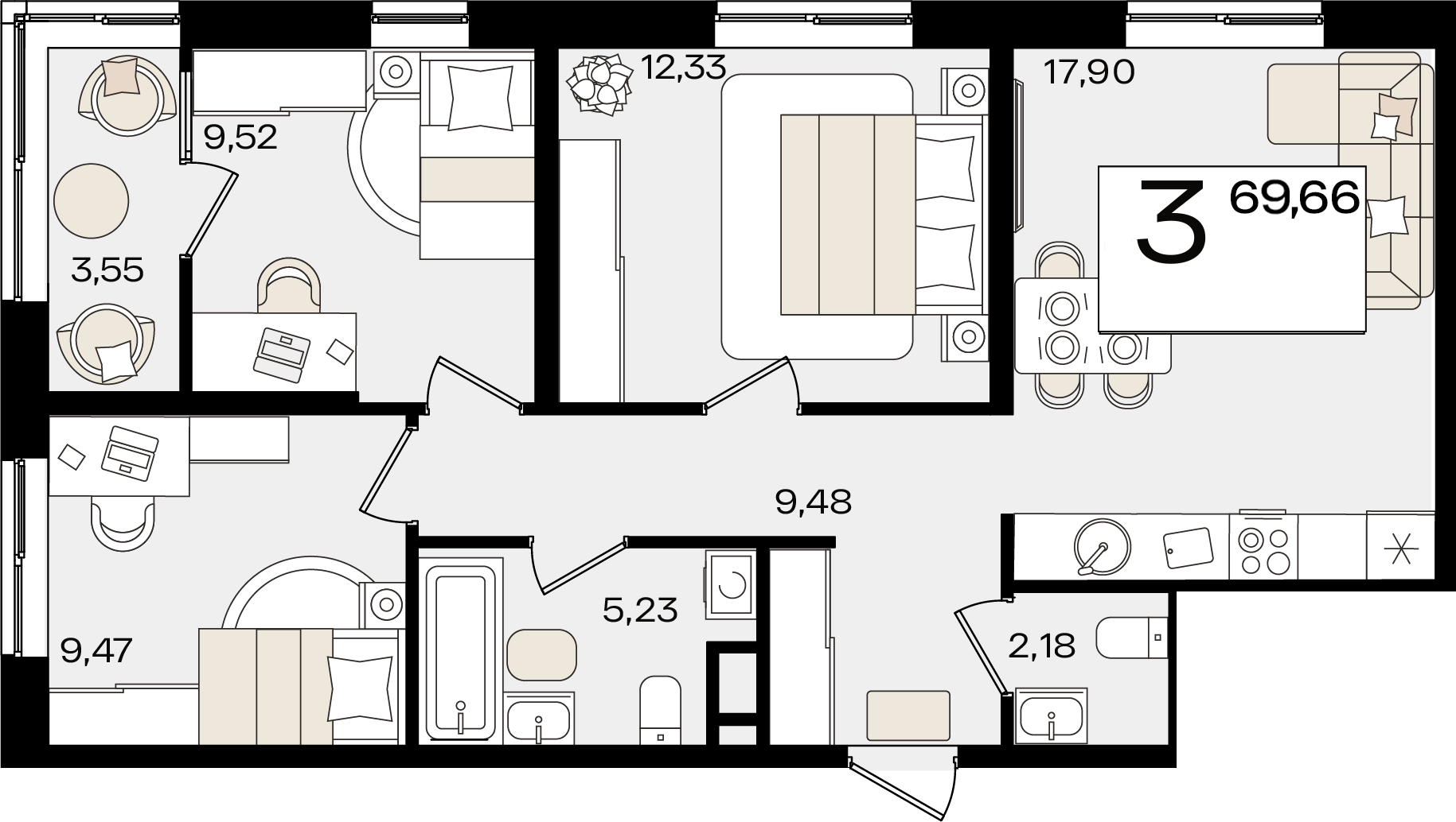 Планировка 3-комнатная 69,66 м²