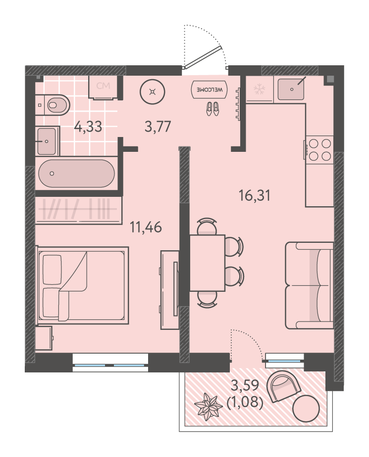 Планировка: 1-комн. квартира 36,5 м²
