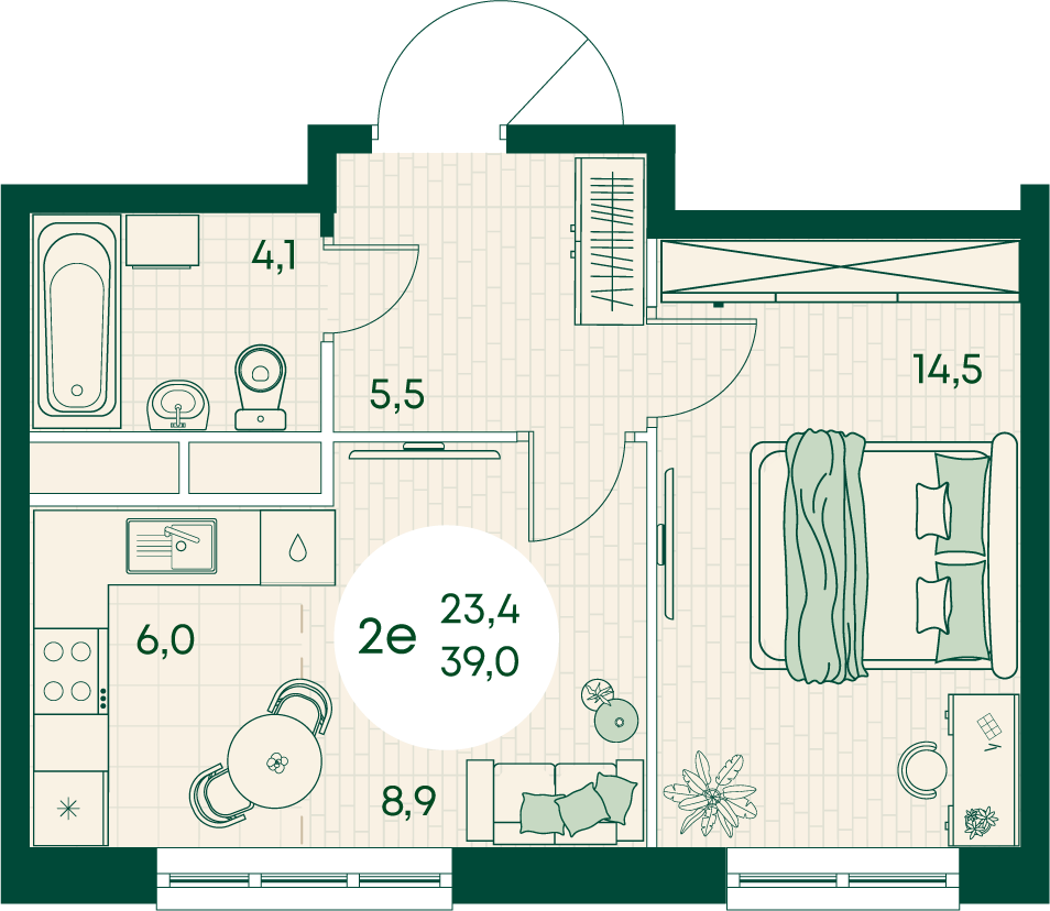 Планировка 2-комнатная 39 м²