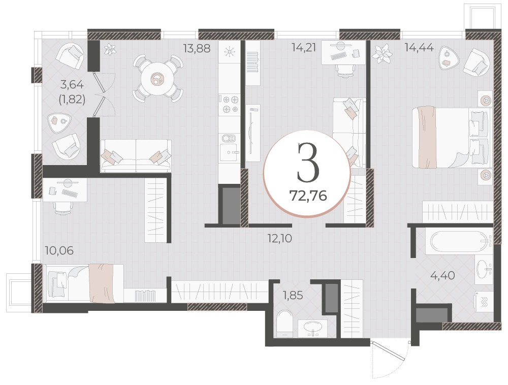 Планировка 3-комнатная 72,76 м²