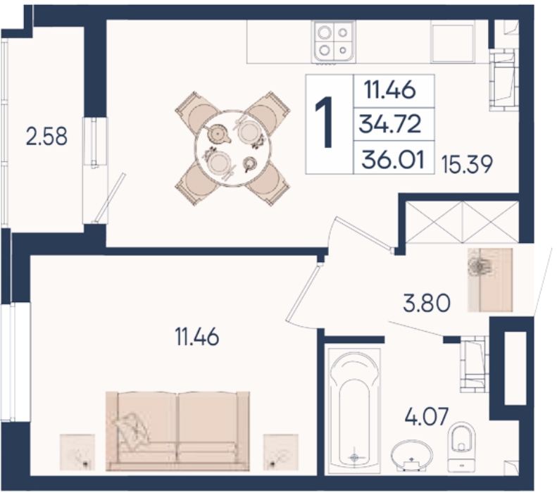 Планировка 1-комнатная 36,01 м²