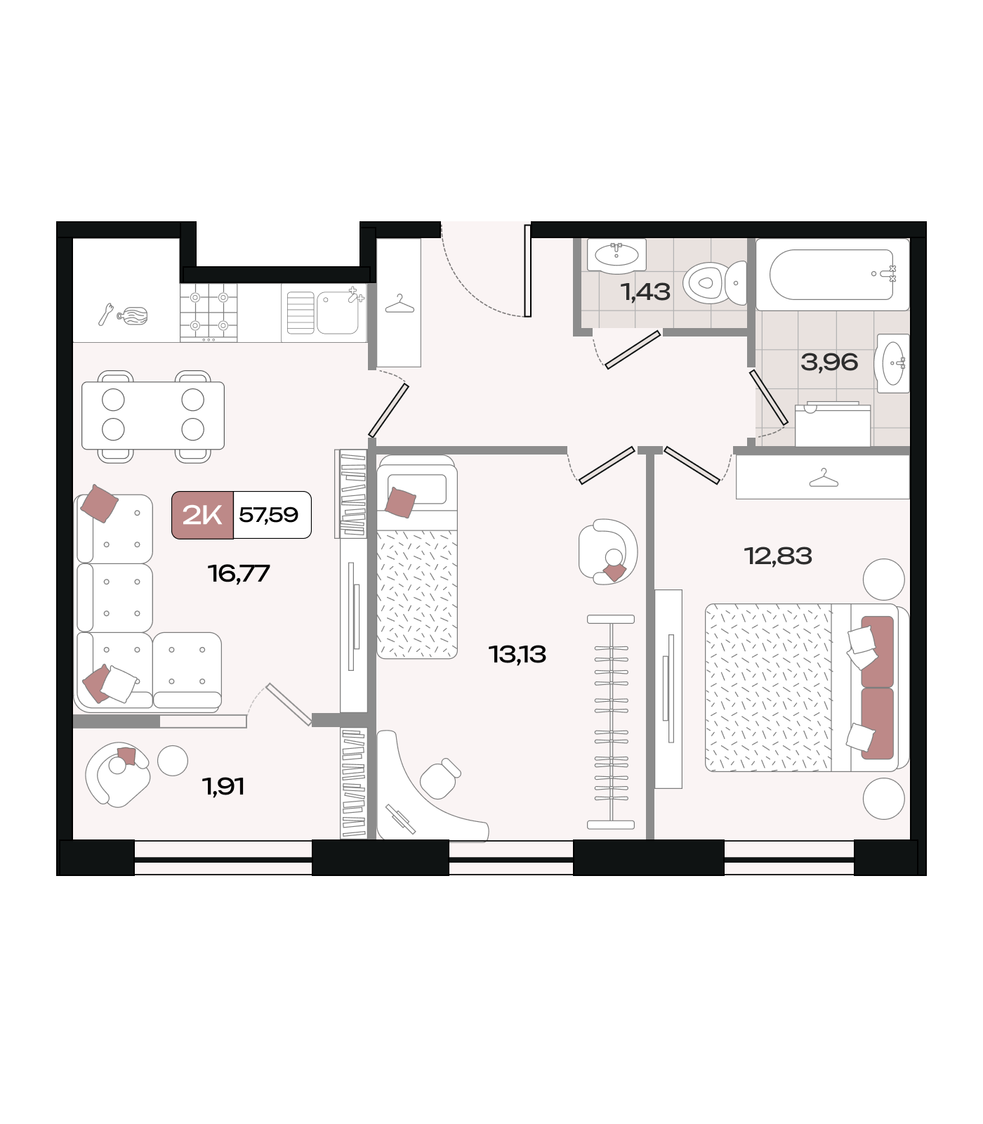 Планировка 2-комнатная 57,59 м²