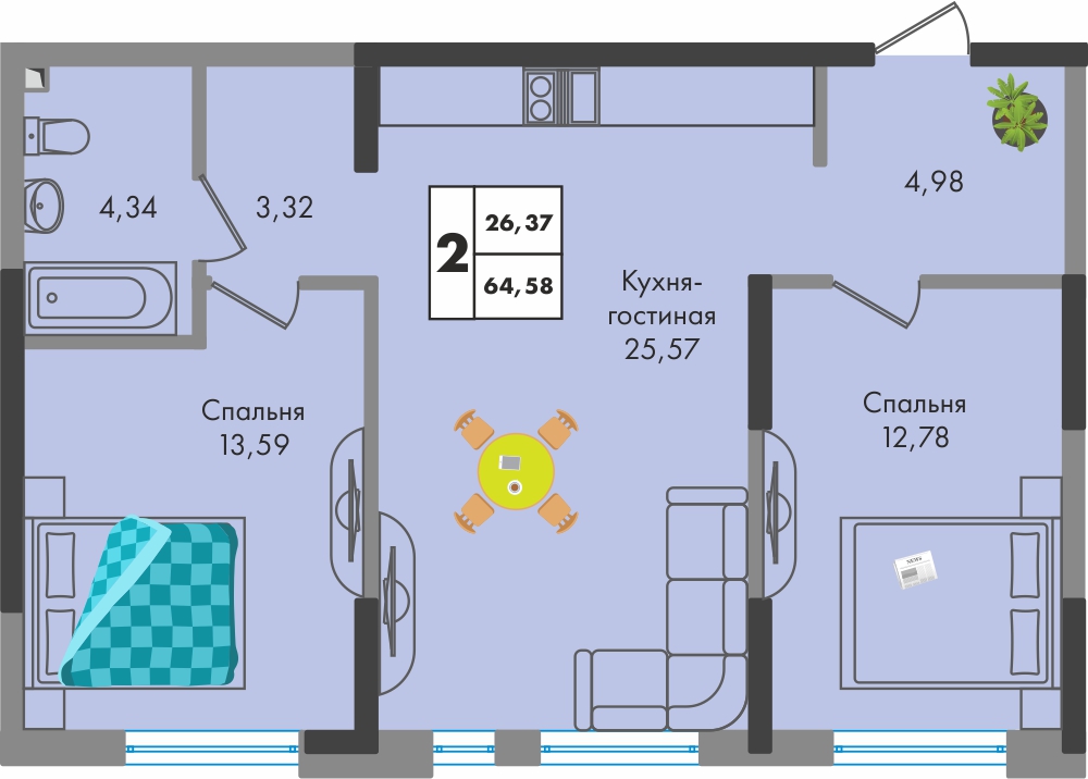 Планировка 2-комнатная 65,2 м²