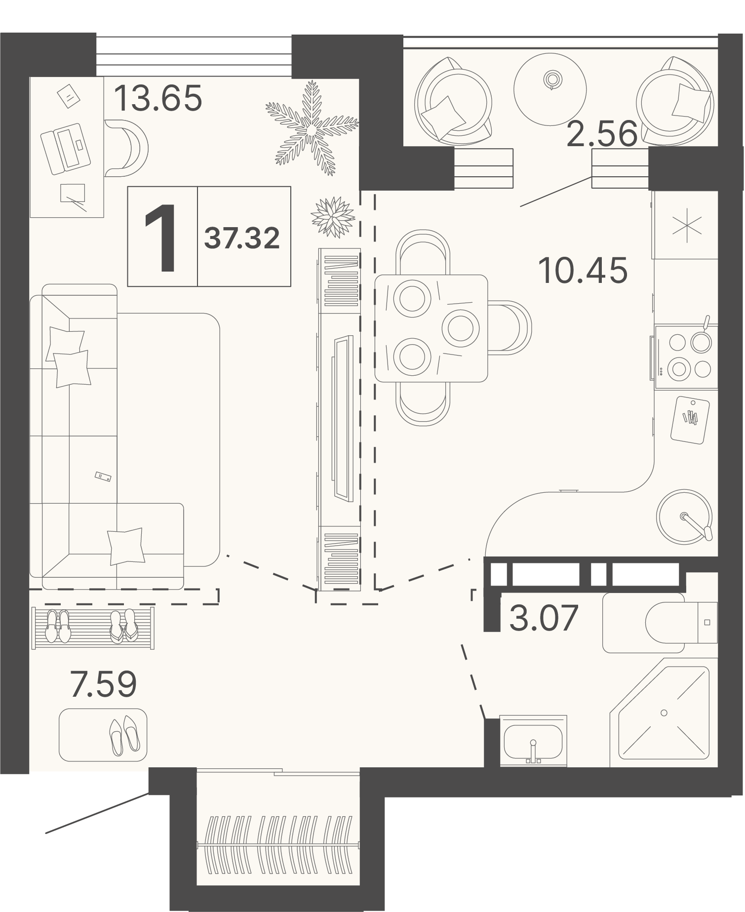 Планировка 1-комнатная 37,32 м²