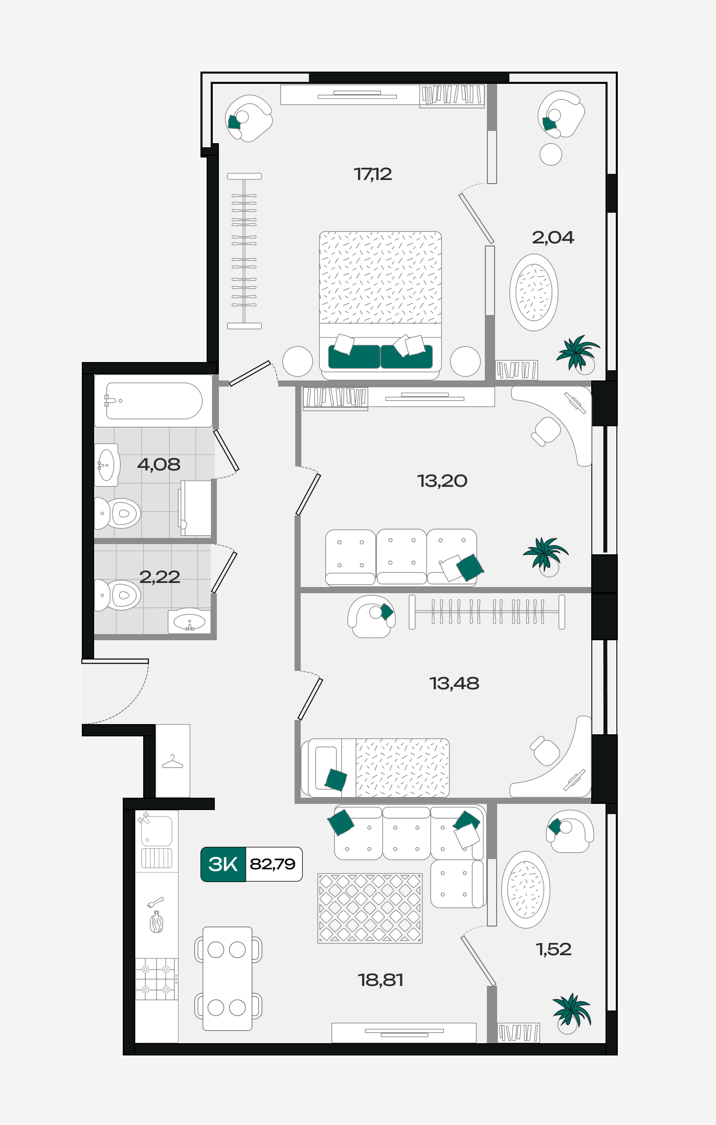 Планировка 3-комнатная 82,79 м²