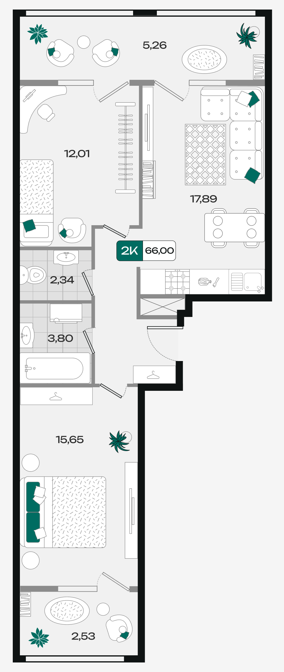 Планировка: 2-комн. квартира 66 м²