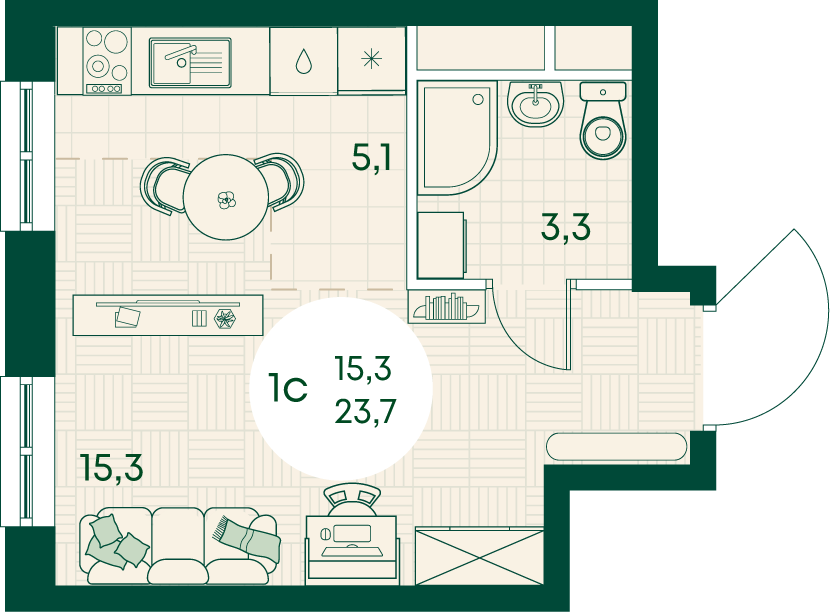 Планировка: Студия 23,7 м²