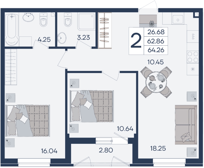 Планировка: 2-комн. квартира 64,3 м²