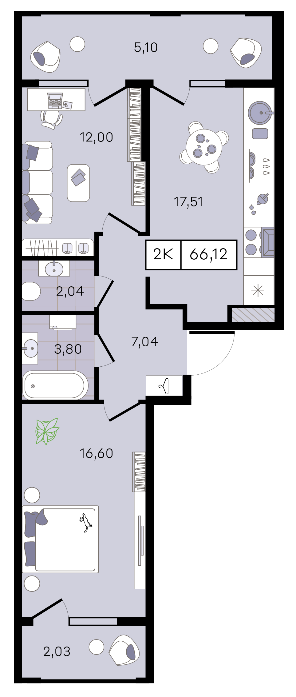 Планировка 2-комнатная 66,12 м²