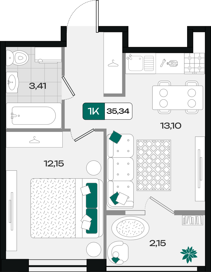Планировка: 1-комн. квартира 35,3 м²