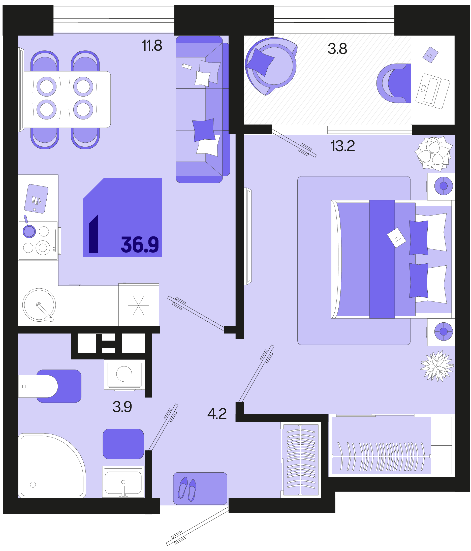 Планировка 1-комнатная 36,9 м²