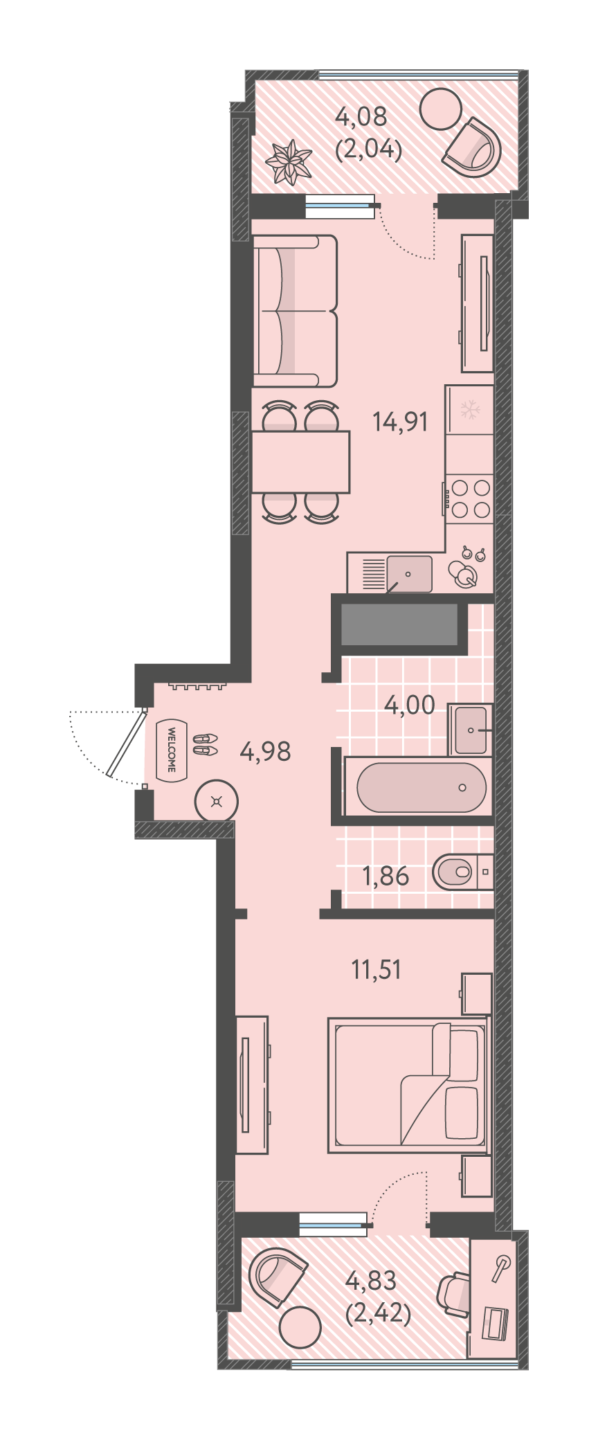 Планировка: 1-комн. квартира 41,7 м²