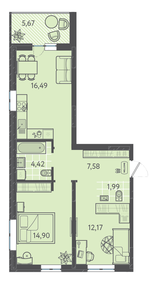 Планировка: 2-комн. квартира 58,6 м²