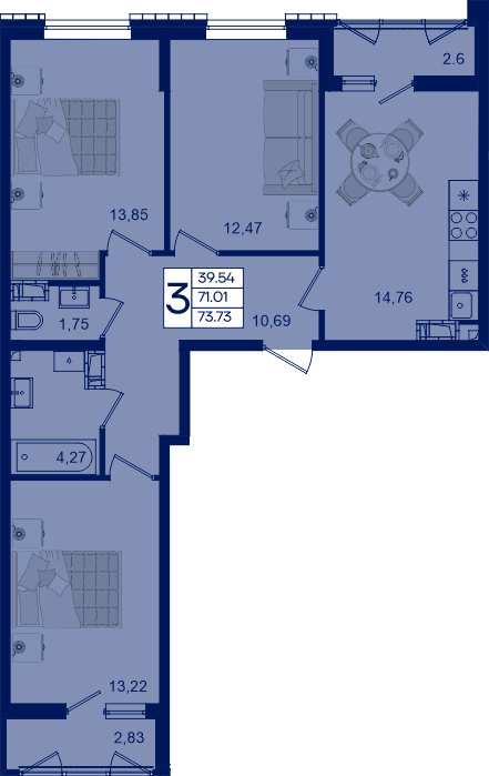 Планировка 3-комнатная 73,73 м²