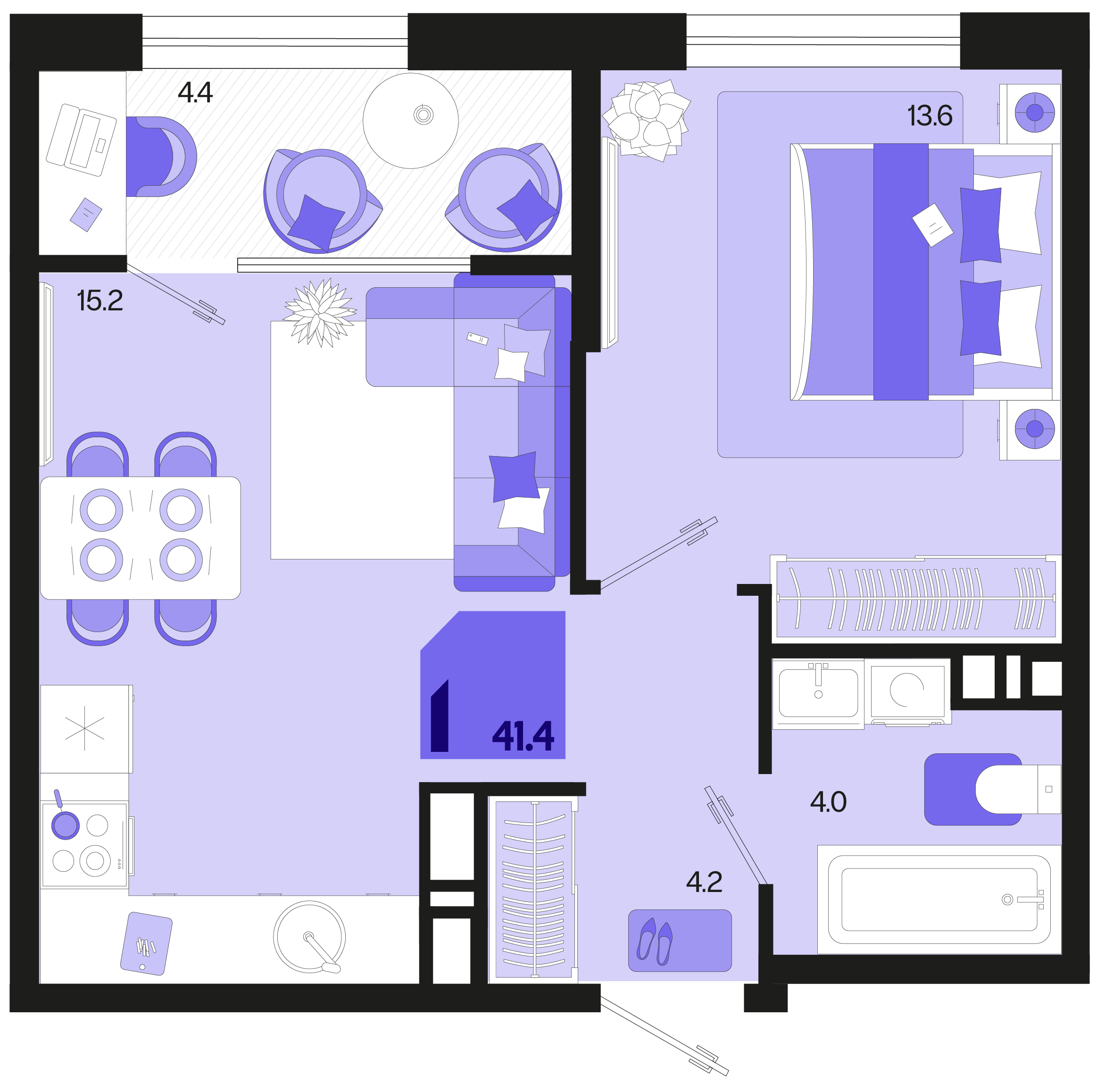 Планировка 1-комнатная 41,4 м²