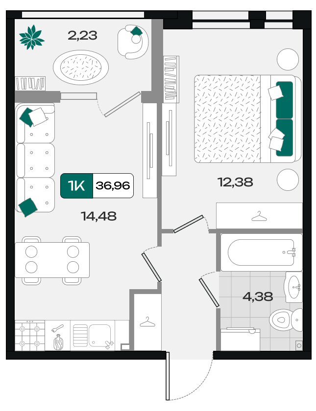 Планировка: 1-комн. квартира 37 м²