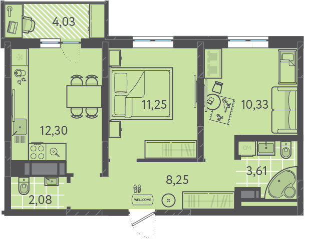 Планировка 2-комнатная 49 м²