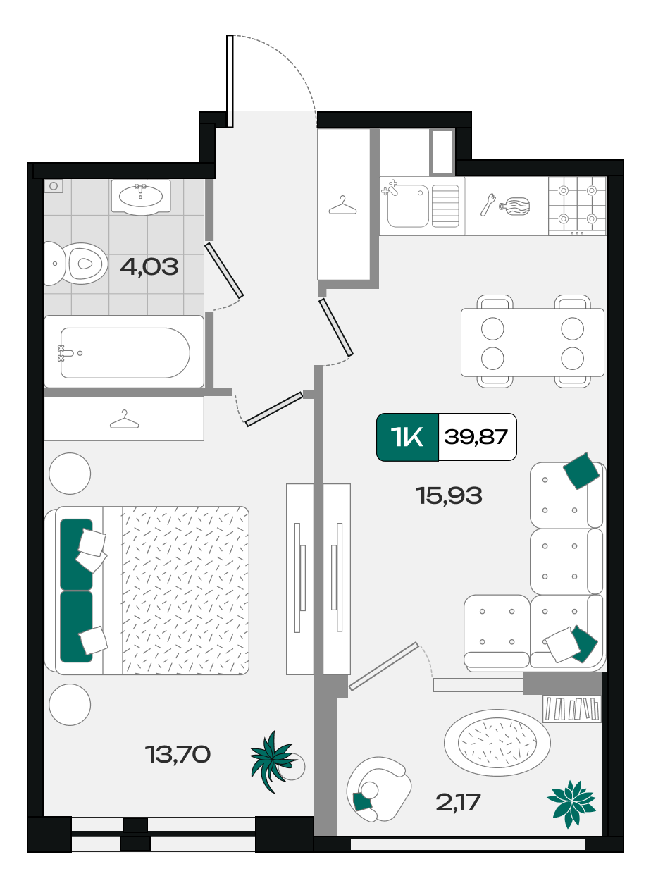 Планировка: 1-комн. квартира 39,9 м²