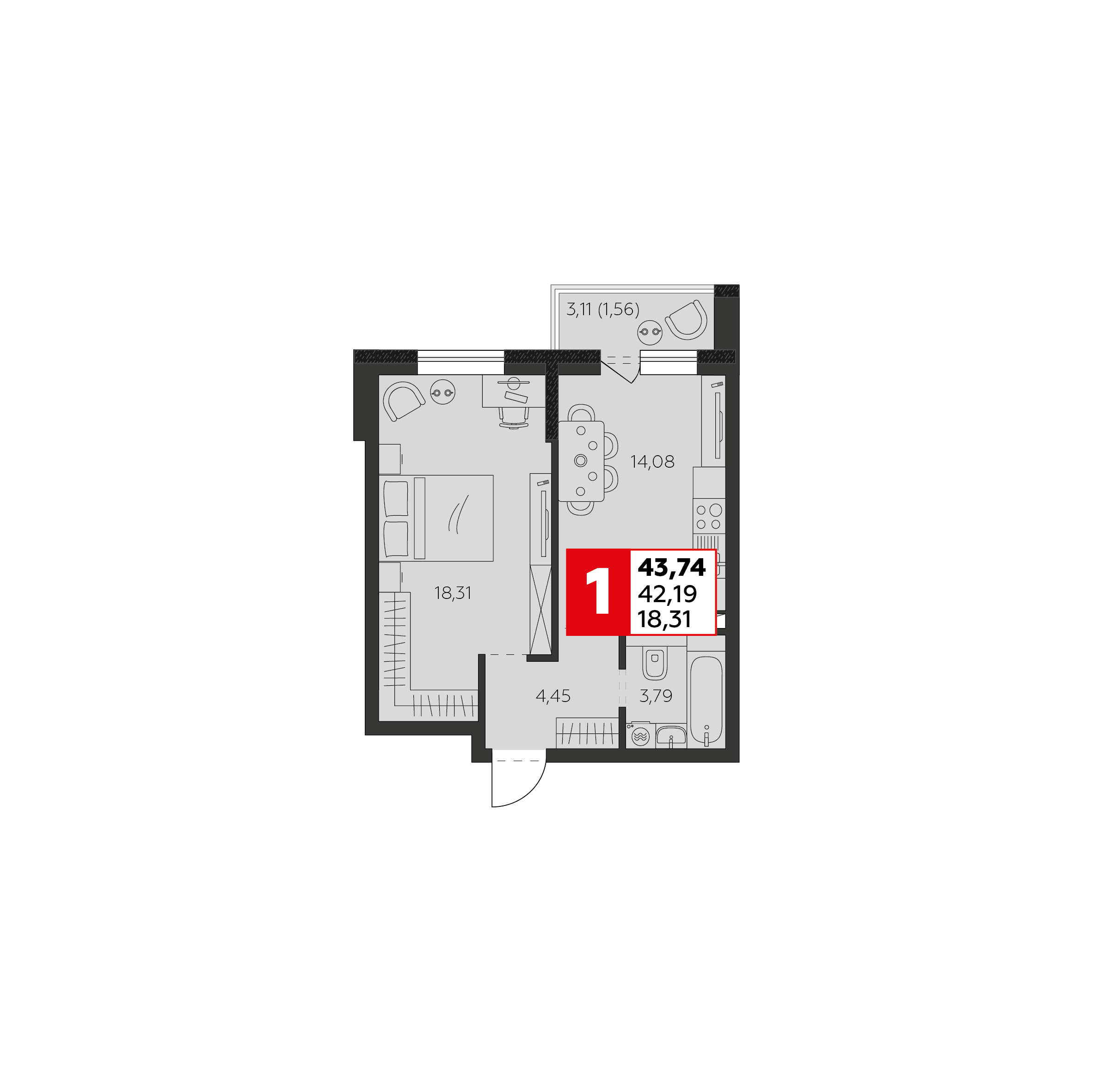 Планировка 1-комнатная 42,19 м²