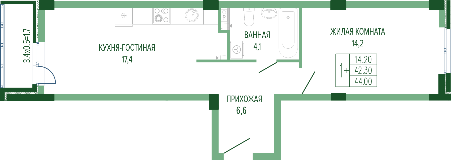 Планировка 1-комнатная 45 м²