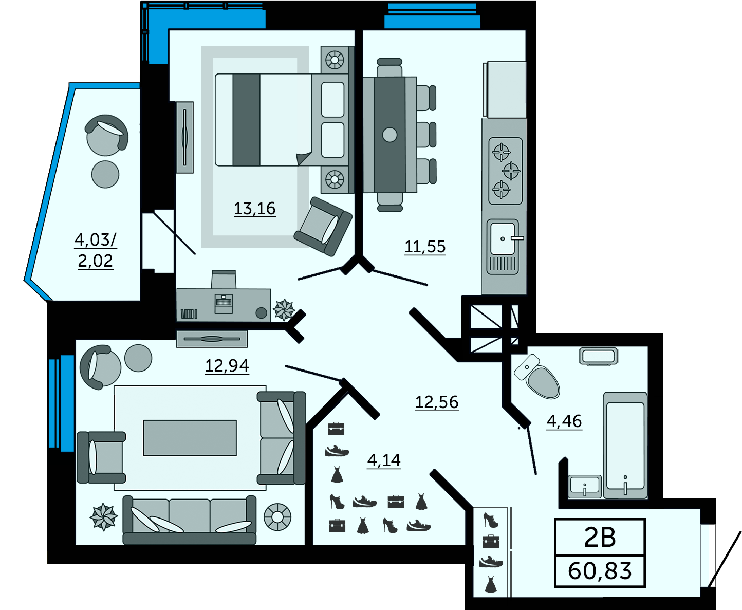 Планировка 2-комнатная 58,6 м²