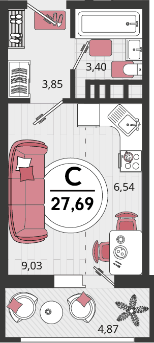 Планировка Студия 27,69 м²