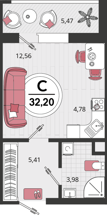Планировка 1-комнатная 32,2 м²