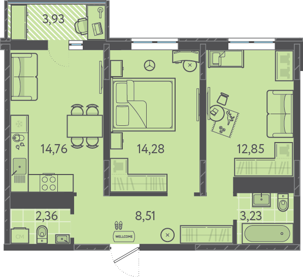 Планировка: 2-комн. квартира 56,5 м²