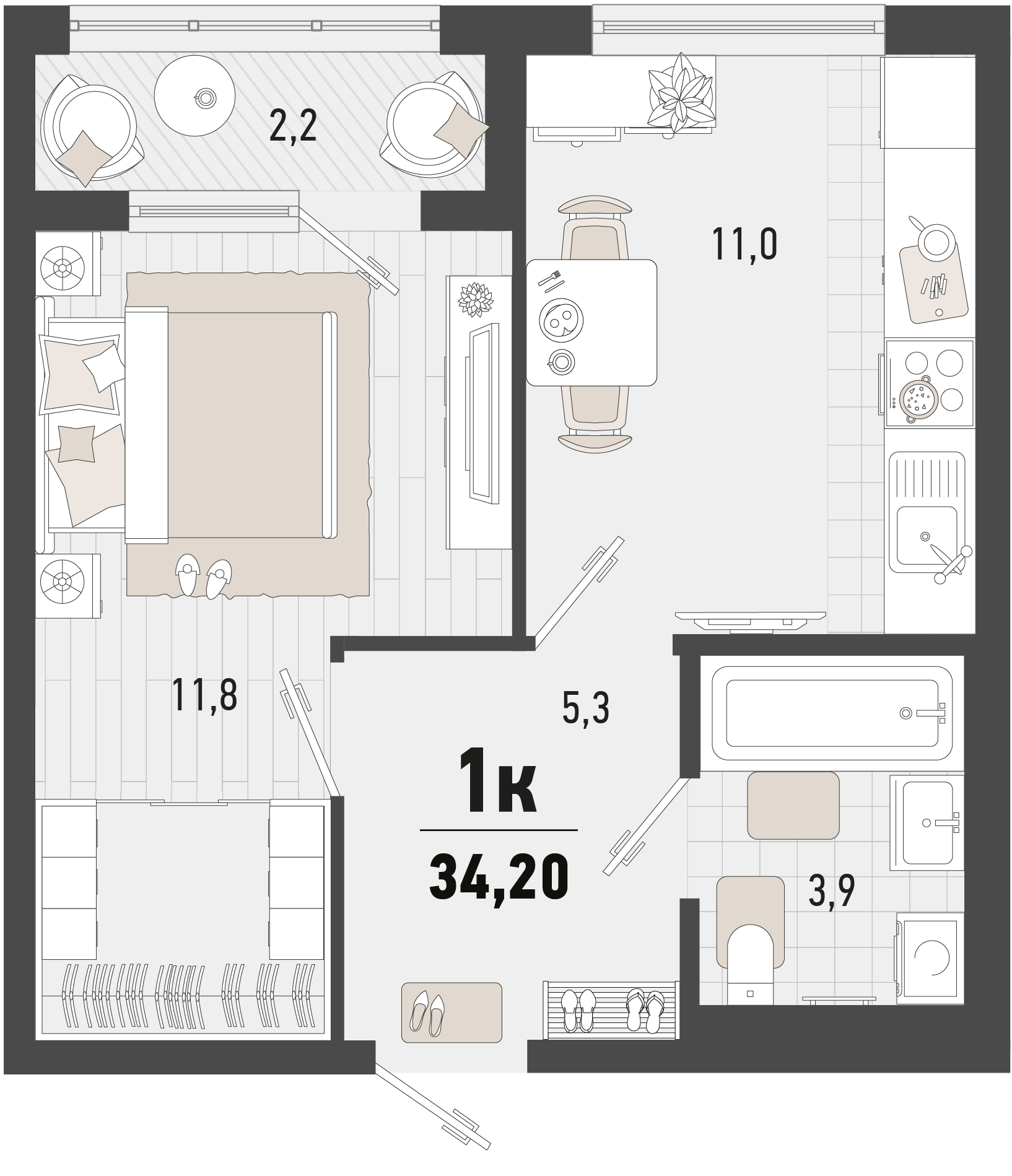 Планировка 1-комнатная 34,2 м²