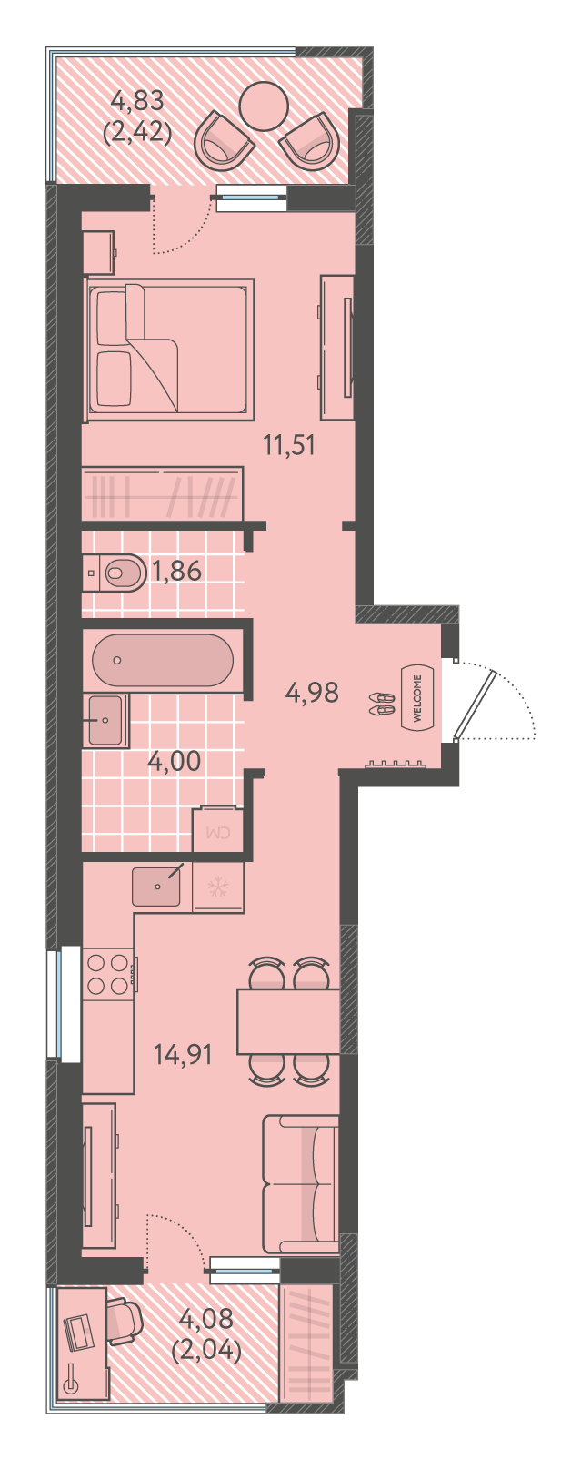 Планировка 1-комнатная 42,5 м²