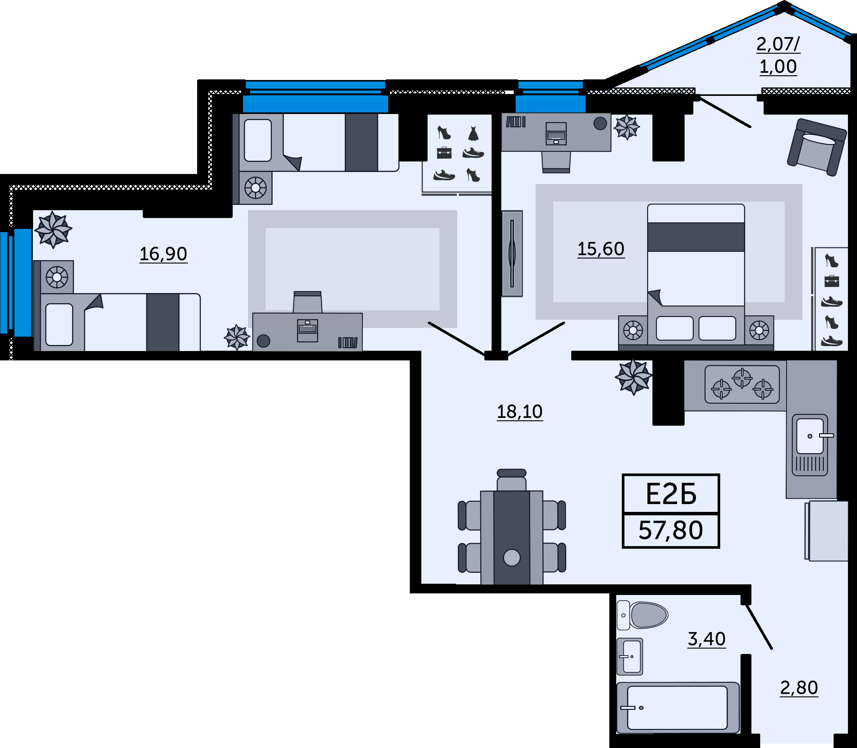 Планировка 2-комнатная 57,6 м²