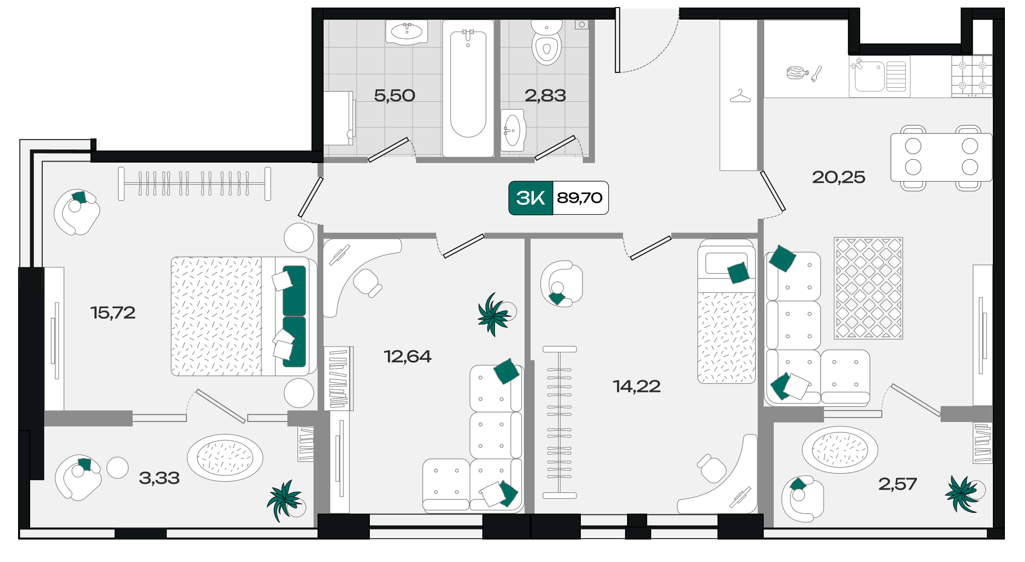 Планировка: 3-комн. квартира 89,7 м²