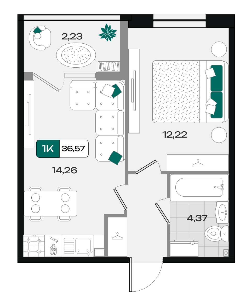 Планировка: 1-комн. квартира 36,6 м²