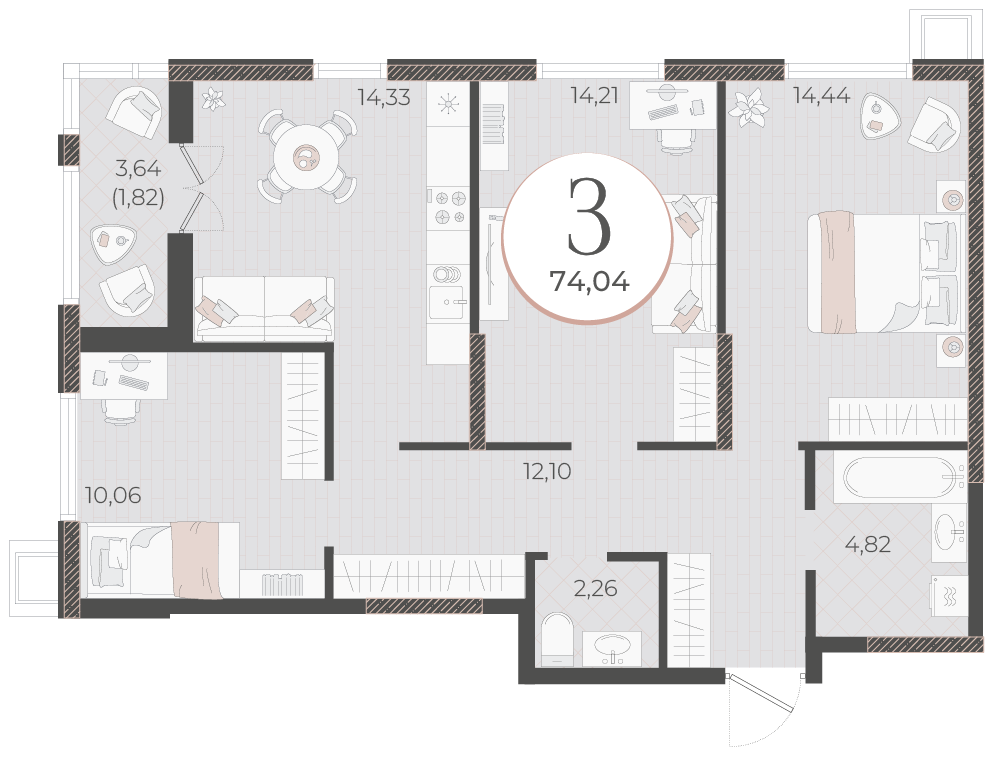Планировка 3-комнатная 74,04 м²