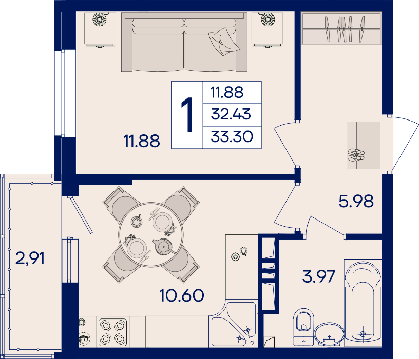 Планировка: 1-комн. квартира 33,3 м²