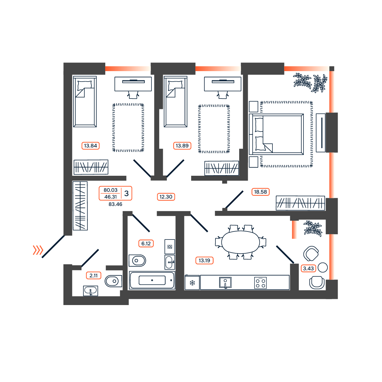 Планировка: 3-комн. квартира 83,5 м²