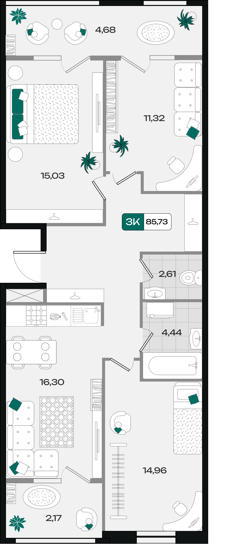 Планировка: 3-комн. квартира 85,7 м²