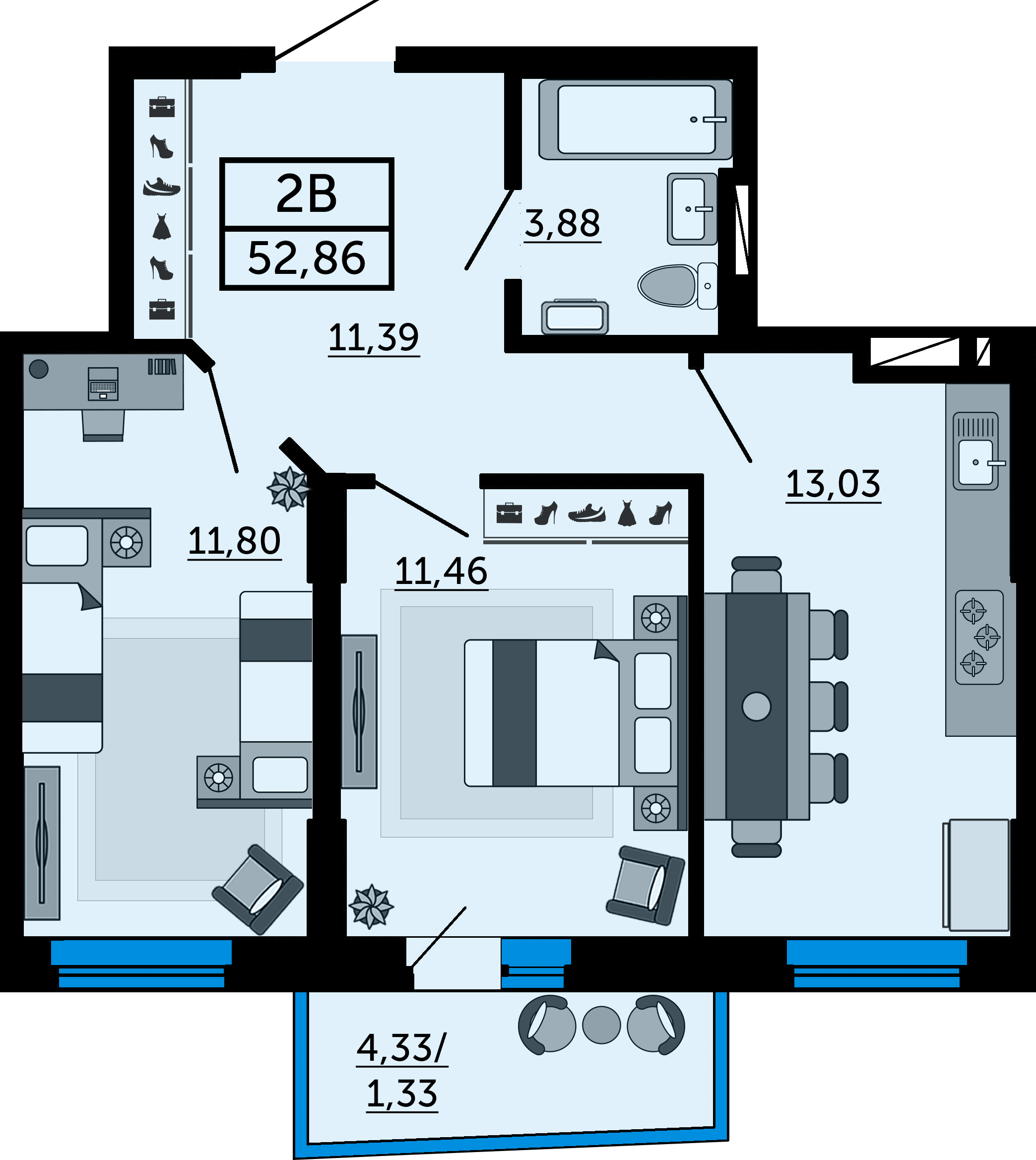 Планировка 2-комнатная 53 м²