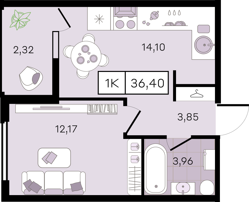 Планировка: 1-комн. квартира 36,4 м²