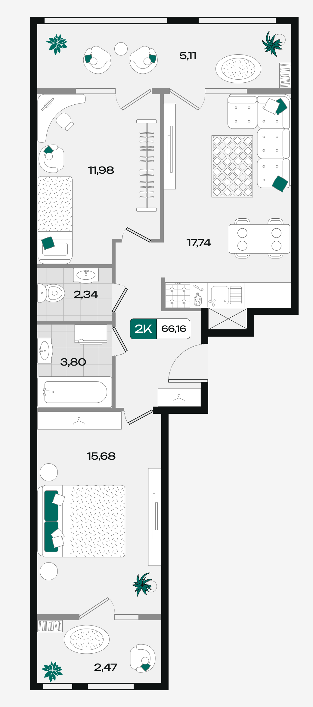 Планировка: 2-комн. квартира 66,2 м²